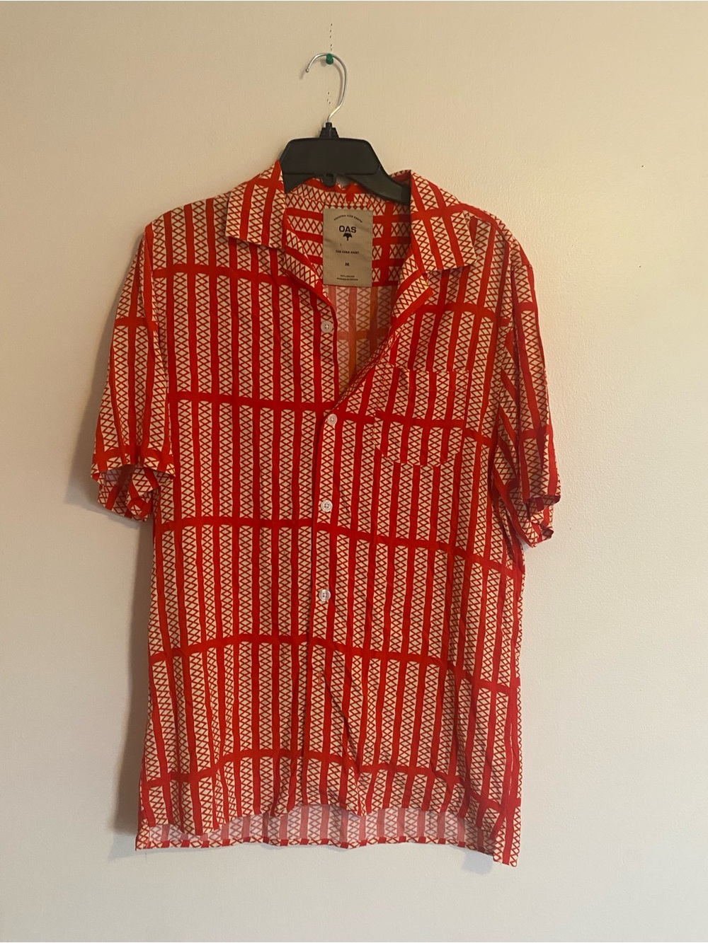OAS Red and White Geometric Short Sleeve Button-Up Shirt